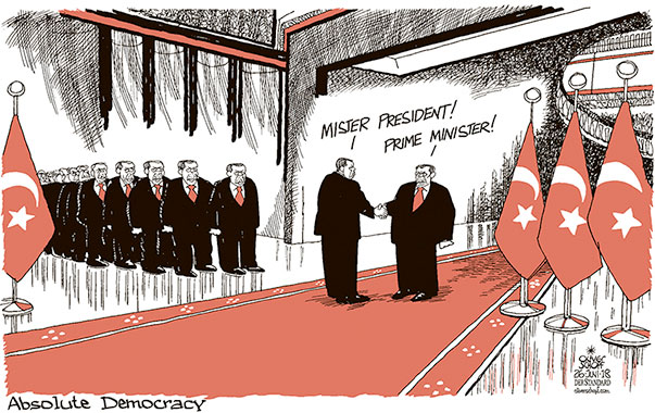 Oliver Schopf, editorial cartoons from Austria, cartoonist from Austria, Austrian illustrations, illustrator from Austria, editorial cartoon politics politician International, Cartoon Arts International, New York Times Syndicate, 2018: ERDOGAN TURKEY ELECTIONS ABSOLUTE POWER PRESIDENT PRIME MINISTER DEMOCRACY 
