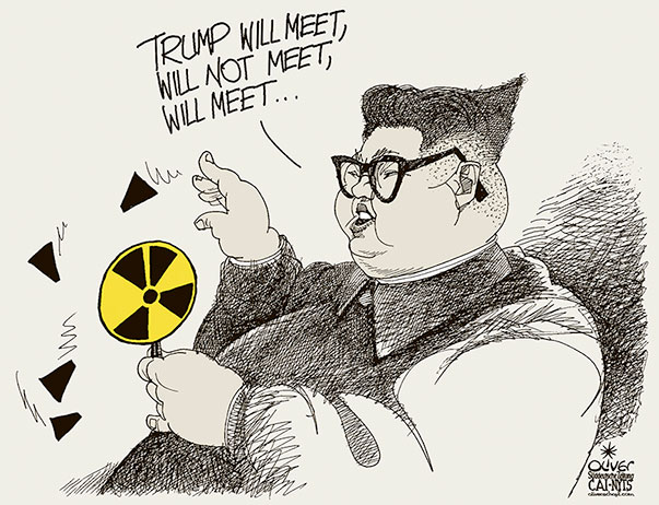 Oliver Schopf, editorial cartoons from Austria, cartoonist from Austria, Austrian illustrations, illustrator from Austria, editorial cartoon politics politician International, Cartoon Arts International, New York Times Syndicate, 2018  KIM JONG UN TRUMP SUMMIT SINGAPORE NUCLEAR WEAPON MEETING FLOWER  
