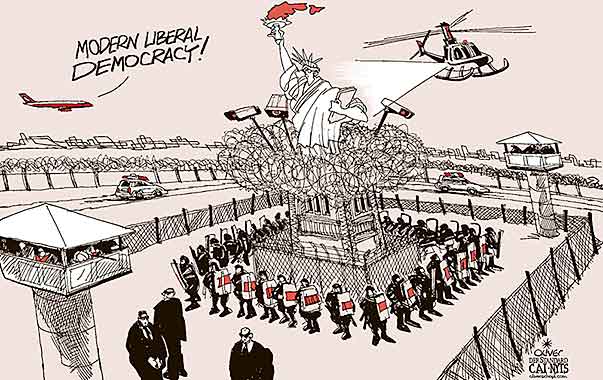 Oliver Schopf, editorial cartoons from Austria, cartoonist from Austria, Austrian illustrations, illustrator from Austria, editorial cartoon politics politician International, Cartoon Arts International, New York Times Syndicate, 2017: LADY LIBERTY DEMOCRACY SAFE SAFETY SECURITY POLICE WELL FORTIFIED LIBERAL SECURITY PRISON POLICE     



