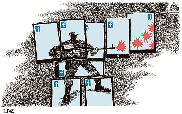 Oliver Schopf, editorial cartoons from Austria, cartoonist from Austria, Austrian illustrations, illustrator from Austria, editorial cartoon politics politician International, Cartoon Arts International, New York Times Syndicate, 2019 : TERROR NEW ZEALAND CHRUSTCHURCH CELL PHONE MOBILE CAMERA SOCIAL MEDIA FACEBOOK LIVE STREAM  
