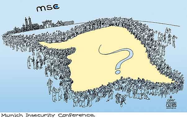Oliver Schopf, editorial cartoons from Austria, cartoonist from Austria, Austrian illustrations, illustrator from Austria, editorial cartoon Donald Trump president of the united states of america MUNICH SECURITY CONFERENCE TRUMP QUESTION INTERROGATION MARK INSECURITY NATO EUROPEAN UNION   
