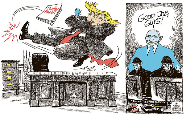 Oliver Schopf, editorial cartoons from Austria, cartoonist from Austria, Austrian illustrations, illustrator from Austria, editorial cartoon Donald Trump president of the united states of america 2019 TRUMP MUELLER REPORT WHITE HOUSE OVAL OFFICE RUSSIA PUTIN HACKING ELECTIONS  KAZACHOC    
