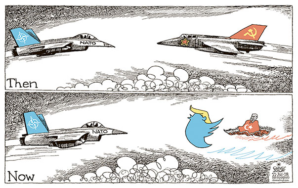 Oliver Schopf, editorial cartoons from Austria, cartoonist from Austria, Austrian illustrations, illustrator from Austria, editorial cartoon politics politician International, Cartoon Arts International, New York Times Syndicate, 2018: NATO WARSAW PACT SOVIET UNION FIGHTER AIRSTRIKE TRUMP ERDOGAN FLYING MAGIC CARPET   
