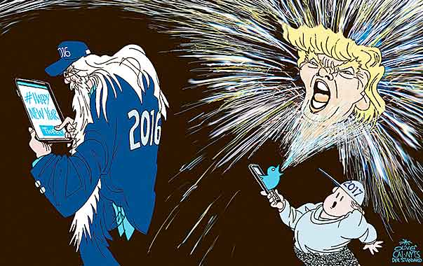 Oliver Schopf, editorial cartoons from Austria, cartoonist from Austria, Austrian illustrations, illustrator from Austria, editorial cartoon politics politician International, Cartoon Arts International, New York Times Syndicate, 2016: NEW YEAR’S EVE FIREWORK HAPPY NEW YEAR TWEET TWITTER DONALD TRUMP  



