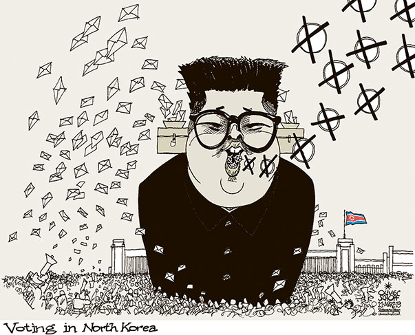Oliver Schopf, editorial cartoons from Austria, cartoonist from Austria, Austrian illustrations, illustrator from Austria, editorial cartoon politics politician International, Cartoon Arts International, New York Times Syndicate, 2019 : NORTH KOREA KIM JONG UN ELECTIONS VOTE VOTING SUPREME PEOPLE‘S ASSEMBLY BALLOT BOX  
