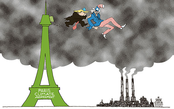 Oliver Schopf, editorial cartoons from Austria, cartoonist from Austria, Austrian illustrations, illustrator from Austria, editorial cartoon Donald Trump president of the united states of america 2019 PARIS CLIMATE AGREEMENT TRUMP USA UNCLE SAM LEAVE GLOBAL WARMING GASES CO2 POLLUTANT EMISSIONS EIFFEL TOWER  
