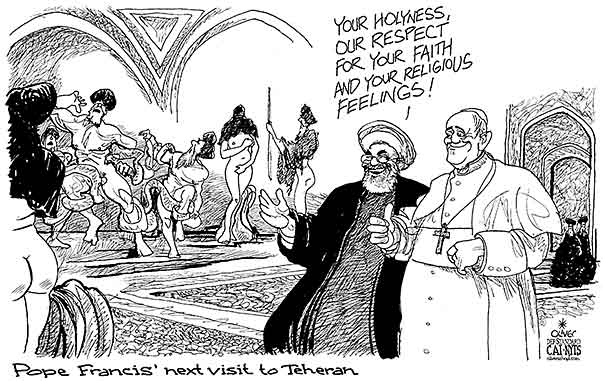 Oliver Schopf, editorial cartoons from Austria, cartoonist from Austria, Austrian illustrations, illustrator from Austria, editorial cartoon politics politician International, Cartoon Arts International, New York Times Syndicate, Cagle cartoon 2017 POPE FRANCIS VATICAN VISIT HASSAN ROUHANI IRAN TEHERAN FAITH RELIGIOUS FEELINGS NAKED BODIES COVERING  

