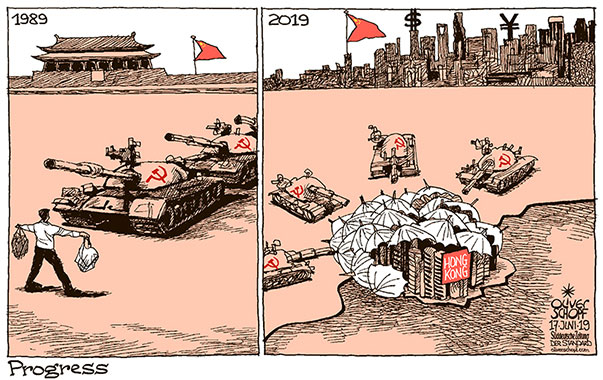Oliver Schopf, editorial cartoons from Austria, cartoonist from Austria, Austrian illustrations, illustrator from Austria, editorial cartoon politics politician International, Cartoon Arts International, New York Times Syndicate, 2019 : CHINA HONG KONG PROTESTS FREEDOM DEMOCRACY EXTRADITION BILL UMBRELLA TIANANMEN SQUARE TANKS  
