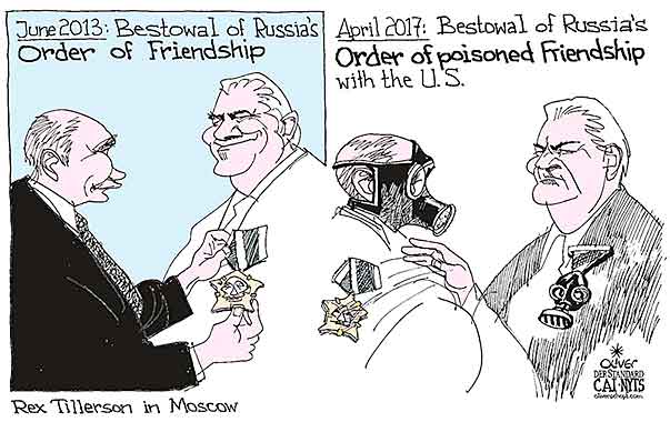 Oliver Schopf, editorial cartoons from Austria, cartoonist from Austria, Austrian illustrations, illustrator from Austria, editorial cartoon politics politician International, Cartoon Arts International, New York Times Syndicate, 2017: USA RUSSIA PUTIN REX TILLERSON ORDER OF FRIENDSHIP POISON CHEMICAL WEAPONS         

