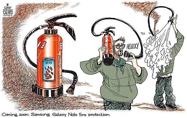 Oliver Schopf, editorial cartoons from Austria, cartoonist from Austria, Austrian illustrations, illustrator from Austria, editorial cartoon digital world  2016 SAMSUNG GALAXY NOTE 7 FIRE PROTECTION HEAT EXTINGUISHER  

  