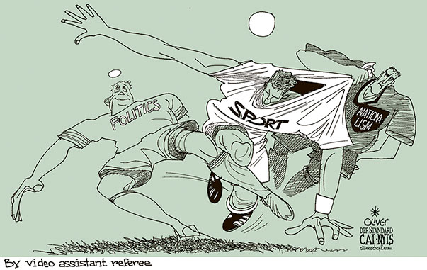Oliver Schopf, editorial cartoons from Austria, cartoonist from Austria, Austrian illustrations, illustrator from Austria, editorial cartoon politics politician International, Cartoon Arts International, New York Times Syndicate, Cagle cartoon 2018 SPORT SOCCER WORLD CUP RUSSIA POLITICS NATIONALISM FOUL VIDEO ASSISTANT REFEREE 
