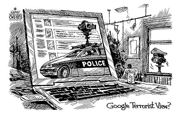 Oliver Schopf, editorial cartoons from Austria, cartoonist from Austria, Austrian illustrations, illustrator from Austria, editorial cartoon  2011: terror oslo Norway google street view security 


