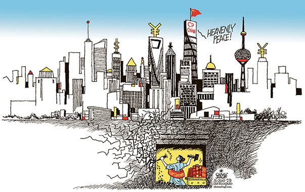 Oliver Schopf, editorial cartoons from Austria, cartoonist from Austria, Austrian illustrations, illustrator from Austria, editorial cartoon politics politician International, Cartoon Arts International, New York Times Syndicate, 2019 : CHINA TIANANMEN SQUARE PROTESTS GATE OF HEAVENLY PEACE 30 ANNIVERSARY COMMUNIST PARTY SKYLINE MONEY CAPITALISM SHANGHAI TOWER HISTORY CAVE BURY    
