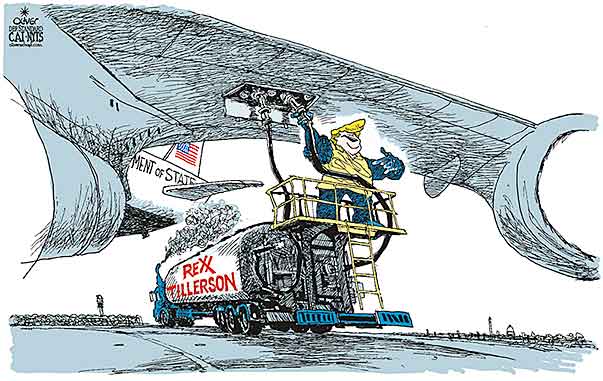 Oliver Schopf, editorial cartoons from Austria, cartoonist from Austria, Austrian illustrations, illustrator from Austria, editorial cartoon politics politician International, Cartoon Arts International, New York Times Syndicate, 2016: USA SECRETARY OF STATE DEPARTMENT OF STATE REX TILLERSON EXXONMOBIL TRUMP PLANE FUEL AIRPORT GAZ    



