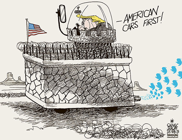 Oliver Schopf, editorial cartoons from Austria, cartoonist from Austria, Austrian illustrations, illustrator from Austria, editorial cartoon International 2019  USA TRUMP GERMAN CARS TARIFFS WALL FORTRESS NATIONAL SECURITY HOMELANDSECURITY TWITTER TWEET EXHAUST EMISSIONS FINE DUST PARTICULATE MATTER  


