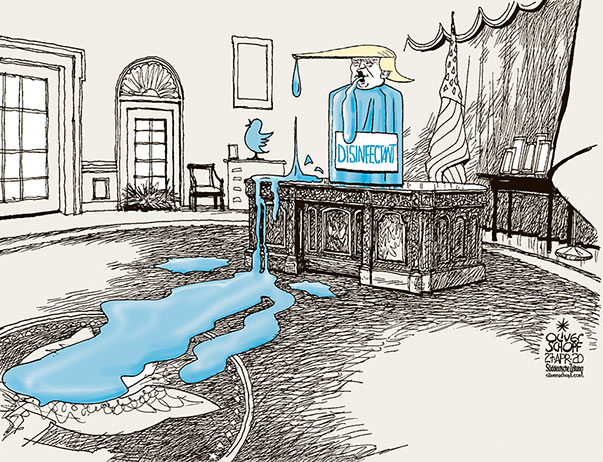 Oliver Schopf, editorial cartoons from Austria, cartoonist from Austria, Austrian illustrations, illustrator from Austria, editorial cartoon politics politician International, Süddeutsche Zeitung, Politico, Cartoon Arts International, 2020: CORONAVIRUS SARS-COV-2 COVID-19 USA TRUMP DISINFECTION DISINFECTANT BOTTLE INJECTIONS SYRINGE PRESS BRIEFING WHITE HOUSE OVAL OFFICE RESOLUTE DESK TWITTER SPILL SPILLING 
