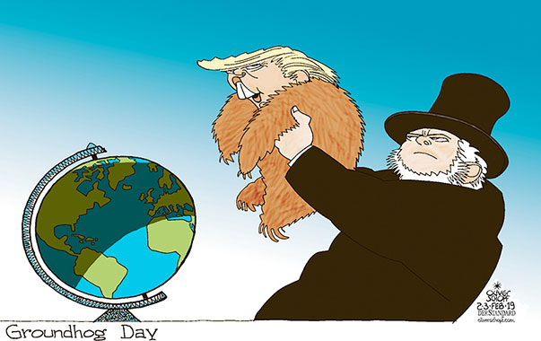 Oliver Schopf, editorial cartoons from Austria, cartoonist from Austria, Austrian illustrations, illustrator from Austria, editorial cartoon politics politician International, Cartoon Arts International, New York Times Syndicate, 2019 : USA TRUMP GROUNDHOG DAY SHADOW GLOBE PUNXSUTAWNEY PHIL SPRING WINTER CLIMATE POLICY INF TREATY    
