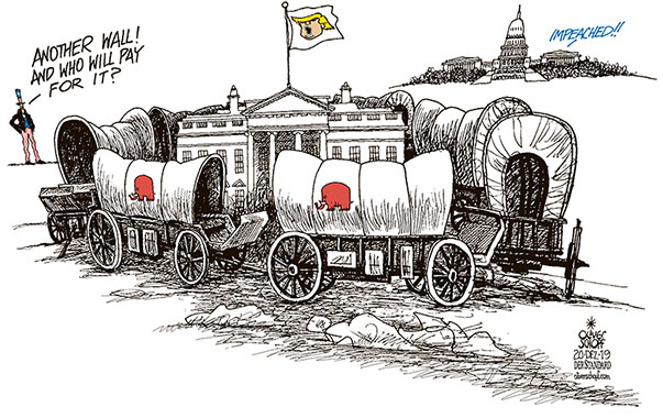 Oliver Schopf, editorial cartoons from Austria, cartoonist from Austria, Austrian illustrations, illustrator from Austria, editorial cartoon politics politician International, Cartoon Arts International, 2019: USA TRUMP IMPEACHMENT CAPITOL HILL CONGRESS HOUSE OF REPRESENTATIVES WHITE HOUSE DEMOCRATS REPUBLICANS WAGON FORT PROTECTION UNCLE SAM WALL       
