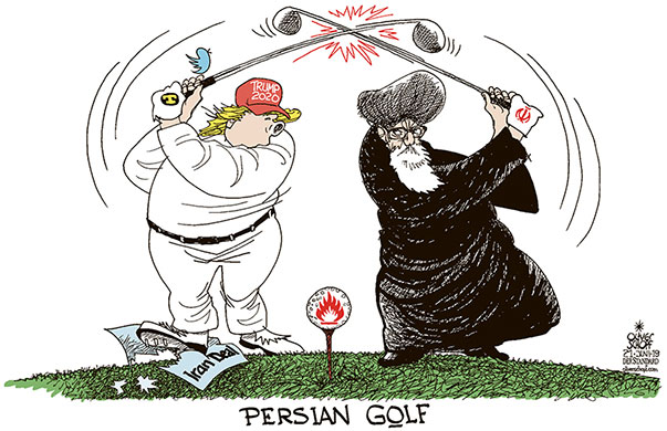 Oliver Schopf, editorial cartoons from Austria, cartoonist from Austria, Austrian illustrations, illustrator from Austria, editorial cartoon 2019 USA IRAN PERSIAN GULF STRAIT OF HORMUZ CRISI CONFLICT TRUMP MULLAH VESSELS ATTACKS DRONE NUCLEAR DEAL PLAYING GOLF CLUB DRIVER TEA 
   
