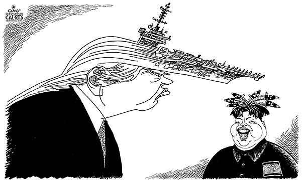 Oliver Schopf, editorial cartoons from Austria, cartoonist from Austria, Austrian illustrations, illustrator from Austria, editorial cartoon politics politician International, Cartoon Arts International, New York Times Syndicate, 2017: USA NORTH KOREA TRUMP KIM JONG UN HAIR HAIRY AIRCRAFT CARRIER CARL VINSON MISSILE NUCLEAR WEAPON BOMB        

