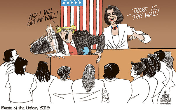 Oliver Schopf, editorial cartoons from Austria, cartoonist from Austria, Austrian illustrations, illustrator from Austria, editorial cartoon politics politician International, Cartoon Arts International, New York Times Syndicate, 2019 : USA TRUMP STATE OF THE UNION ADDRESS PELOSI WHITE WOMEN WALL MEXICO    
