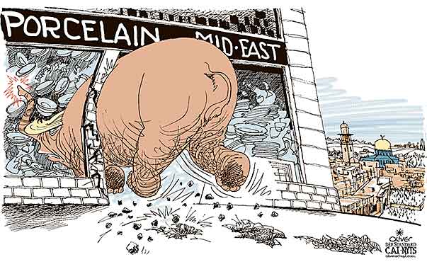Oliver Schopf, editorial cartoons from Austria, cartoonist from Austria, Austrian illustrations, illustrator from Austria, editorial cartoon politics politician International, Cartoon Arts International, New York Times Syndicate, 2017: MIDDLE EAST TRUMP USA AMBASSY JERUSALEM ELEFANT PORCELAIN BULL IN THE CHINA SHOP  
