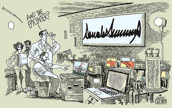 Oliver Schopf, editorial cartoons from Austria, cartoonist from Austria, Austrian illustrations, illustrator from Austria, editorial cartoon Donald Trump president of the united states of america USA TRUMP SIGNATURE ORDER EARTHQUAKE SEISMOGRAM EPICENTER GEOLOGY WHITE HOUSE RESEARCH CENTER
