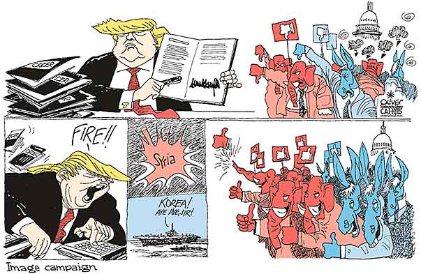 Oliver Schopf, editorial cartoons from Austria, cartoonist from Austria, Austrian illustrations, illustrator from Austria, editorial cartoon Donald Trump president of the united states of america USA TRUMP SYRIA NORTH KOREA CHEMICAL WEAPONS MISSILE LAUNCH EXECUTIVE ORDER GOP DEMS YOU ARE FIRED IMAGE CAMPAIGN               
