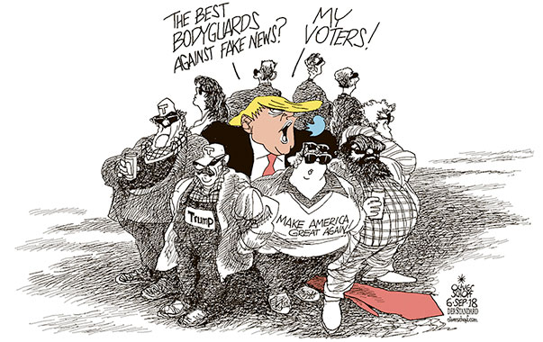 Oliver Schopf, editorial cartoons from Austria, cartoonist from Austria, Austrian illustrations, illustrator from Austria, editorial cartoon politics politician International, Cartoon Arts International, New York Times Syndicate, 2018 : USA TRUMP MAGA VOTERS BODYGUARDS SECURITY SHELTER PROTECTION SECRET SERVICE   
