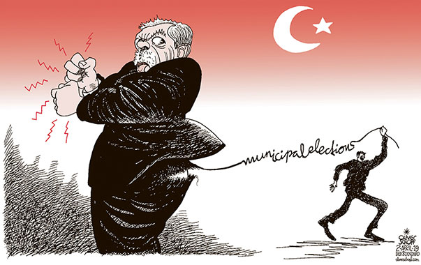 Oliver Schopf, editorial cartoons from Austria, cartoonist from Austria, Austrian illustrations, illustrator from Austria, editorial cartoon politics politician International, Cartoon Arts International, New York Times Syndicate, 2019 : TURKEY ERDOGAN MUNICIPAL ELECTIONS LOSS TROUSERS HOLE LADDER STRING  
