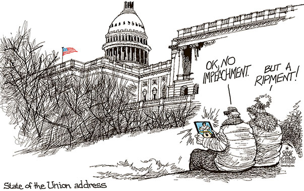 Oliver Schopf, editorial cartoons from Austria, cartoonist from Austria, Austrian illustrations, illustrator from Austria, editorial cartoon politics politician International, Politico, Cartoon Arts International, 2020 : USA CONGRESS STSTE OF THE UNION ADDRESS TRUMP PELOSI PAPER RIP UP PARK VOTERS WATCHING   
