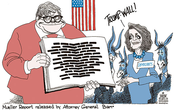 Oliver Schopf, editorial cartoons from Austria, cartoonist from Austria, Austrian illustrations, illustrator from Austria, editorial cartoon Donald Trump president of the united states of america 2019 USA MUELLER REPORT TRUMP RELEASE WILLIAM BARR NANCY PELOSI BLACKENING DEMOCRATS WALL   
