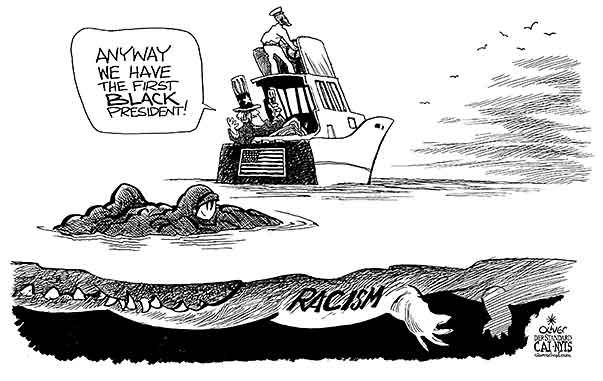 Oliver Schopf, editorial cartoons from Austria, cartoonist from Austria, Austrian illustrations, illustrator from Austria, editorial cartoon politics politician International, Cartoon Arts International, New York Times Syndicate, Cagle cartoon 2014 USA OBAMA RACISM BLACK WHITE POLICE BOAT UNCLE SAM CROCODILE ALIGATOR 




