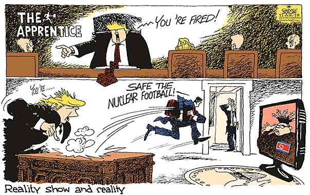 Oliver Schopf, editorial cartoons from Austria, cartoonist from Austria, Austrian illustrations, illustrator from Austria, editorial cartoon North Korea 2017 USA NORTH KOREA TRUMP KIM JONG-UN MISSILES ESCAKATIONS THREAT LANGUAGE REALITY SHOW THE APPRENTICE NUCLEAR FOOTBALL FIRE AND FURY              
