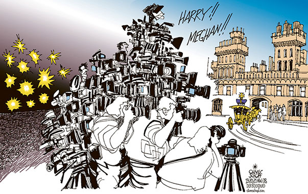 Oliver Schopf, editorial cartoons from Austria, cartoonist from Austria, Austrian illustrations, illustrator from Austria, editorial cartoon politics politician International, Cartoon Arts International, New York Times Syndicate, 2018: GREAT BRITAIN ROYAL WEDDING PRINCE HARRY MEGHAN MARKLE WINDSOR CASTLE MEDIA TV FIRE WAR CRISIS   
