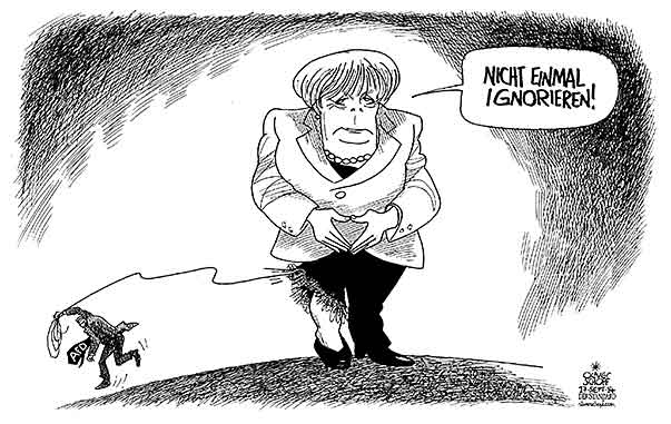  Oliver Schopf, politischer Karikaturist aus Österreich, politische Karikaturen, Illustrationen Archiv politische Karikatur Deutschland: MERKEL AFD ALTERNATIVE FUER DEUTSCHLAND HOSE FADEN WAHL THUERINGEN BRANDENBURG 