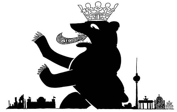 Oliver Schopf, politischer Karikaturist aus Österreich, politische Karikaturen aus Österreich, Karikatur Cartoon Illustrationen Politik Politiker Deutschland 2016 BERLIN LANDTAGSWAHLEN AFD BERLINER BÄR WAPPEN 


