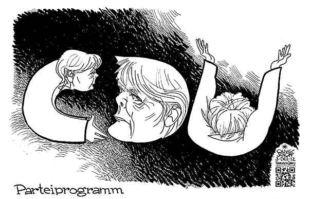  Oliver Schopf, politischer Karikaturist aus Österreich, politische Karikaturen, Illustrationen Archiv politische Karikatur Deutschland    2012 CDU PARTEITAG HANNOVER MERKEL ANGELA PARTEIPROGRAMM WAHLKAMPF KANZLERIN SPITZENKANDIDATIN 