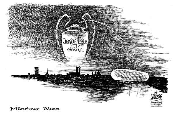  Oliver Schopf, politischer Karikaturist aus Österreich, politische Karikaturen, Illustrationen Archiv politische Karikatur Deutschland:   2012 UEFA CHAMPIONS LEAGUE FC BAYERN MUENCHEN CHELSEA ALLIANZ ARENA POKAL SONNENUNTERGANG BLUES SKYLINE  