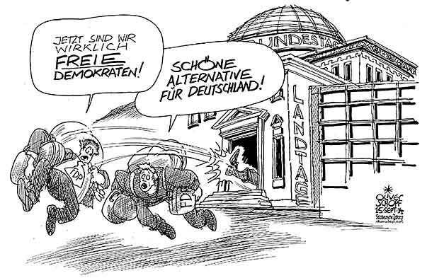  Oliver Schopf, politischer Karikaturist aus Österreich, politische Karikaturen, Illustrationen Archiv politische Karikatur Deutschland Parteien FDP
   2014 LANDTAGSWAHLEN THUERINGEN BRANDENBURG FDP AFD RAUSFLIEGEN FUSSTRITT BUNDESTAG ALTERNATIVE 
 