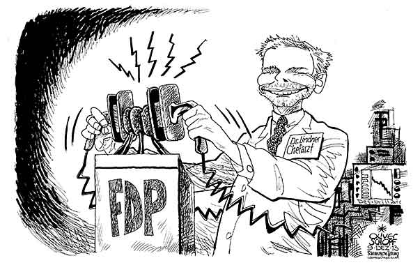  Oliver Schopf, politischer Karikaturist aus Österreich, politische Karikaturen, Illustrationen Archiv politische Karikatur Deutschland Parteien FDP
   2013 FDP PARTEITAG CHRISTIAN LINDNER
VORSITZENDER  REDE REDNERPULT CHEFARZT DEFIBRILLATOR GESUNDHEIT
 