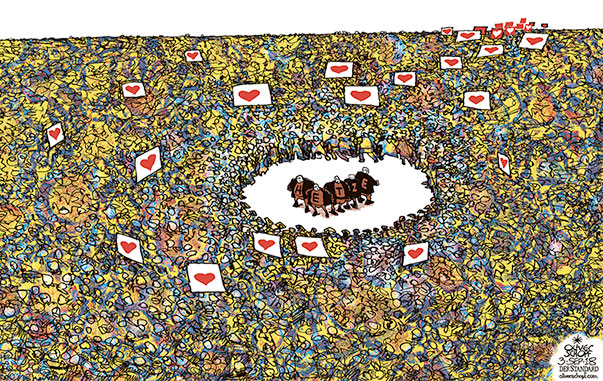 Oliver Schopf, politischer Karikaturist aus Österreich, politische Karikaturen aus Österreich, Karikatur Cartoon Illustrationen Politik Politiker Deutschland 2018 CHEMNITZ DEMONSTRATIONEN HETZE RECHTSRADIKALE #WIR SIND MEHR KONZERT HERZ STATT HETZE UMZINGELN  

