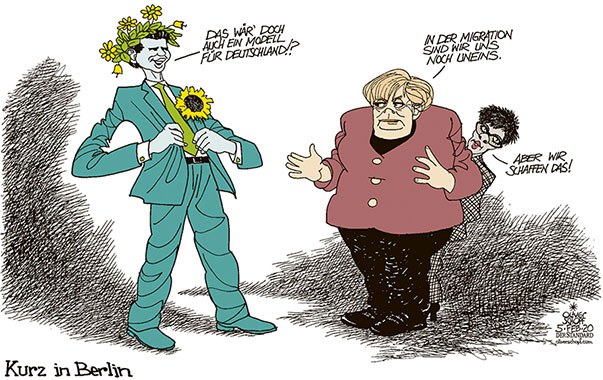 Oliver Schopf, politischer Karikaturist aus Österreich, politische Karikaturen aus Österreich, Karikatur Cartoon Illustrationen Politik Politiker Deutschland 2020 : SEBASTIAN KURZ MERKEL AKK KRAMP KARRENBAUER BERLIN STAATSBESUCH KOALITION TÜRKIS GRÜN MODELL KOALITION CDU CSU GRÜNE MIGRATION DIFFENRENZEN UNTERSCHIEDE

