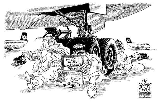  Oliver Schopf, politischer Karikaturist aus Österreich, politische Karikaturen, Illustrationen Archiv politische Karikatur Deutschland 2014 LUFTHANSA Piloten Protest Flugzeug Kapitäne im Streik
  
  