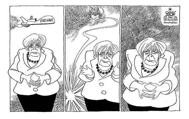  Oliver Schopf, politischer Karikaturist aus Österreich, politische Karikaturen, Illustrationen Cartoon Archiv politische Karikatur Deutschland  2013 MERKEL ANGELA DROHNE EURO HAWK DE MAIZIÈRE THOMAS 