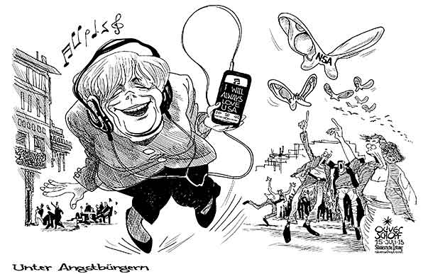 Oliver Schopf, politischer Karikaturist aus Österreich, politische Karikaturen aus Österreich, Karikatur Illustrationen Politik Politiker Europa 2013 MERKEL GEHEIMDIENST NSA ABHOEREN OHREN IPOD MUSIK WHITNEY HOUSTON I WILL ALWAYS LOVE YOU BUERGER ANGST
   