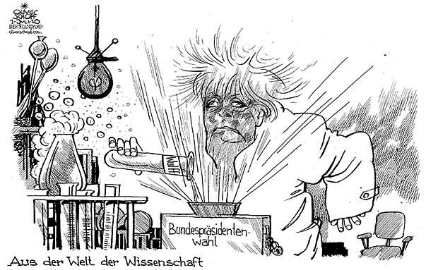  Oliver Schopf, politischer Karikaturist aus Österreich, politische Karikaturen, Illustrationen Archiv politische Karikatur Deutschland  2010 merkel wulff bundespraesidentenwahl chemie labor versuch explosion 