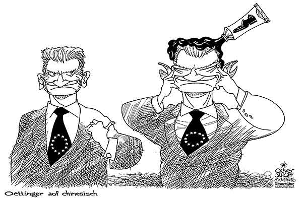 Oliver Schopf, politischer Karikaturist aus Österreich, politische Karikaturen aus Österreich, Karikatur Cartoon Illustrationen Politik Politiker Deutschland 2016 GÜNTHER OETTINGER EU KOMMISSAR REDE HAMBURG CHINESEN SCHLITZAUGEN SCHLITZOHREN SCHUHCREME 


