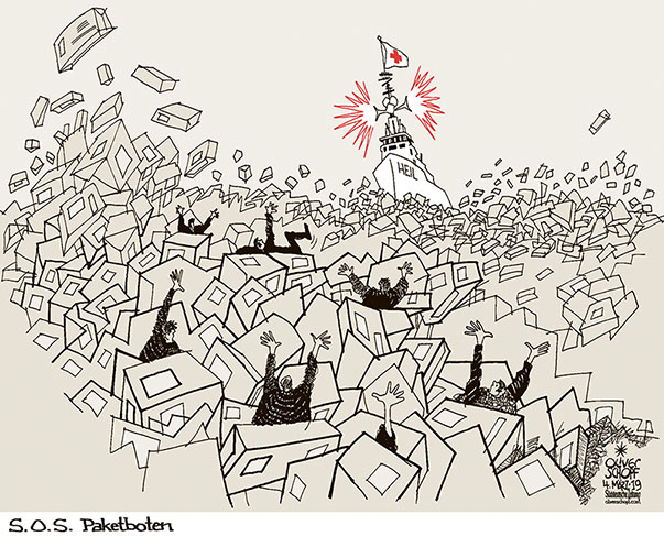Oliver Schopf, politischer Karikaturist aus Österreich, politische Karikaturen aus Österreich, Karikatur Cartoon Illustrationen Politik Politiker Deutschland 2019 PAKETBOTEN HUBERTUS HEIL FLUTEN WOGE RETTUNGSBOT HILFE SOS RETTUNG
