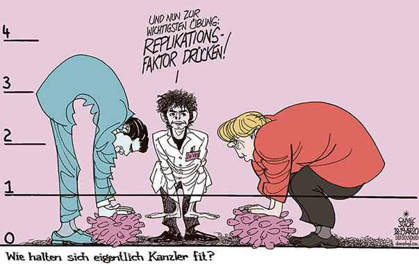Oliver Schopf, politischer Karikaturist aus Österreich, politische Karikaturen aus Österreich, Karikatur Cartoon Illustrationen Politik Politiker Deutschland 2020: CORONAVIRUS KRISE SARS-COV-2 COVID-19 REPLIKATIONSFAKTOR REPRODUKTIONSFAKTOR DRÜCKEN SEBASTIAN KURZ MERKEL KANZLER VIROLOGE CHRISTIAN DROSTEN ÜBUNGEN FITNESS SPORT 
